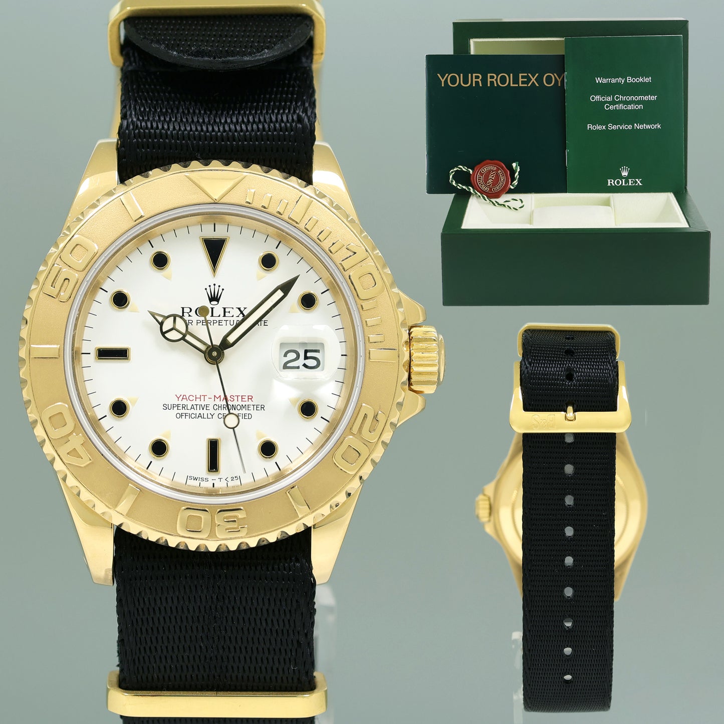 Rolex Yacht-Master Yellow Gold 16628 White Dial Nato 40mm Watch Box