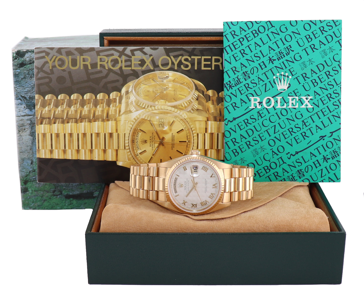 MINT Rolex President Day Date Pyramid Roman 18038 Quick Set 36mm Yellow Gold Watch Box