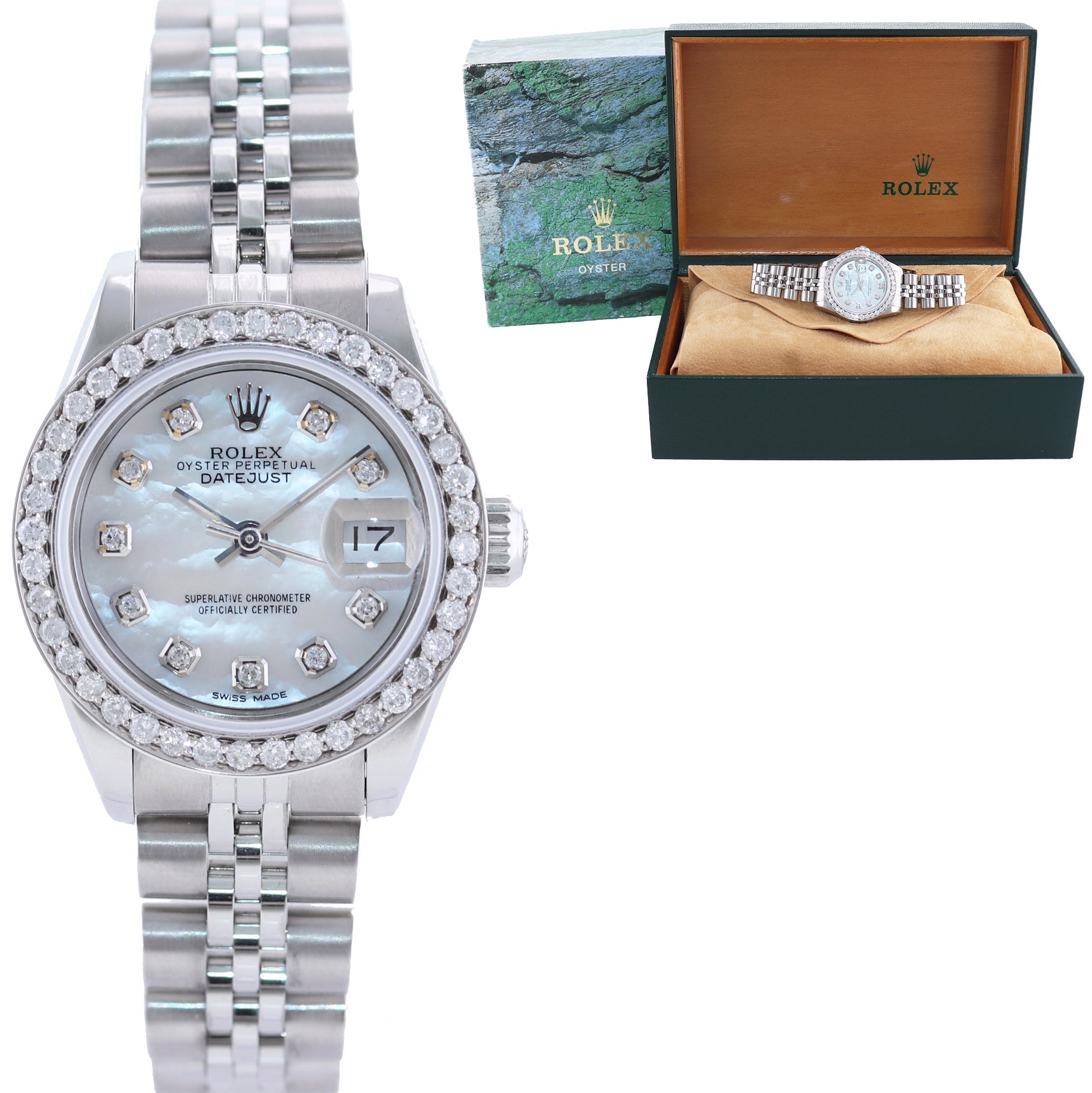 Ladies Rolex DateJust 26mm MOP Diamond Bezel Steel Jubilee Watch 69174 Watch Huntington Watch