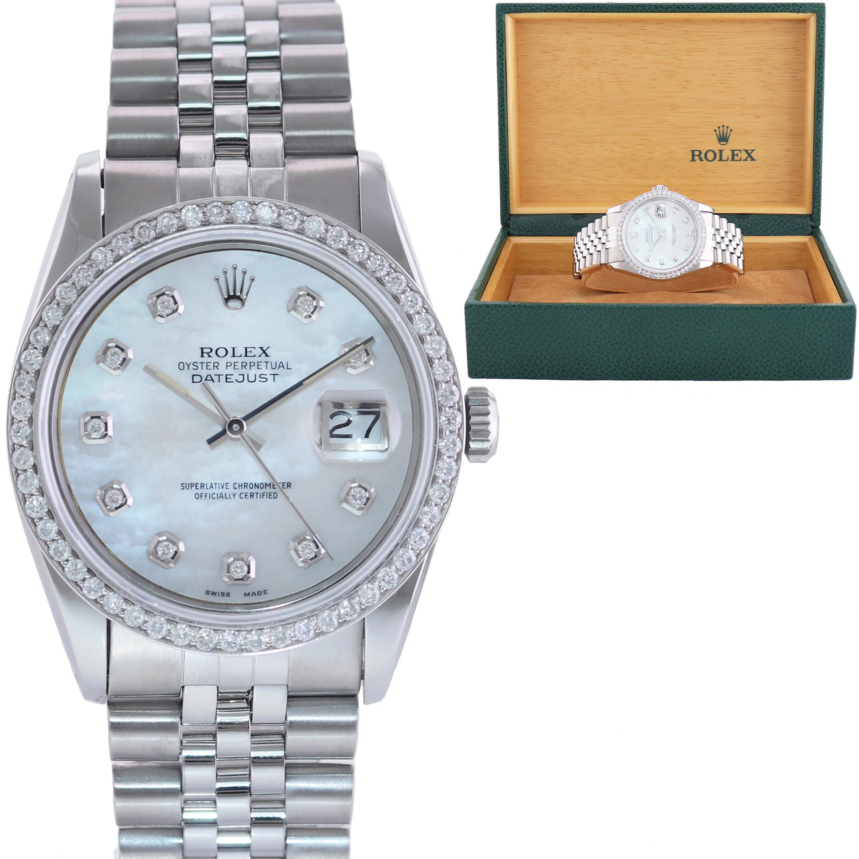 DIAMOND Bezel Rolex DateJust 36mm Mother of Pearl 16220 Steel Watch Box Huntington Watch