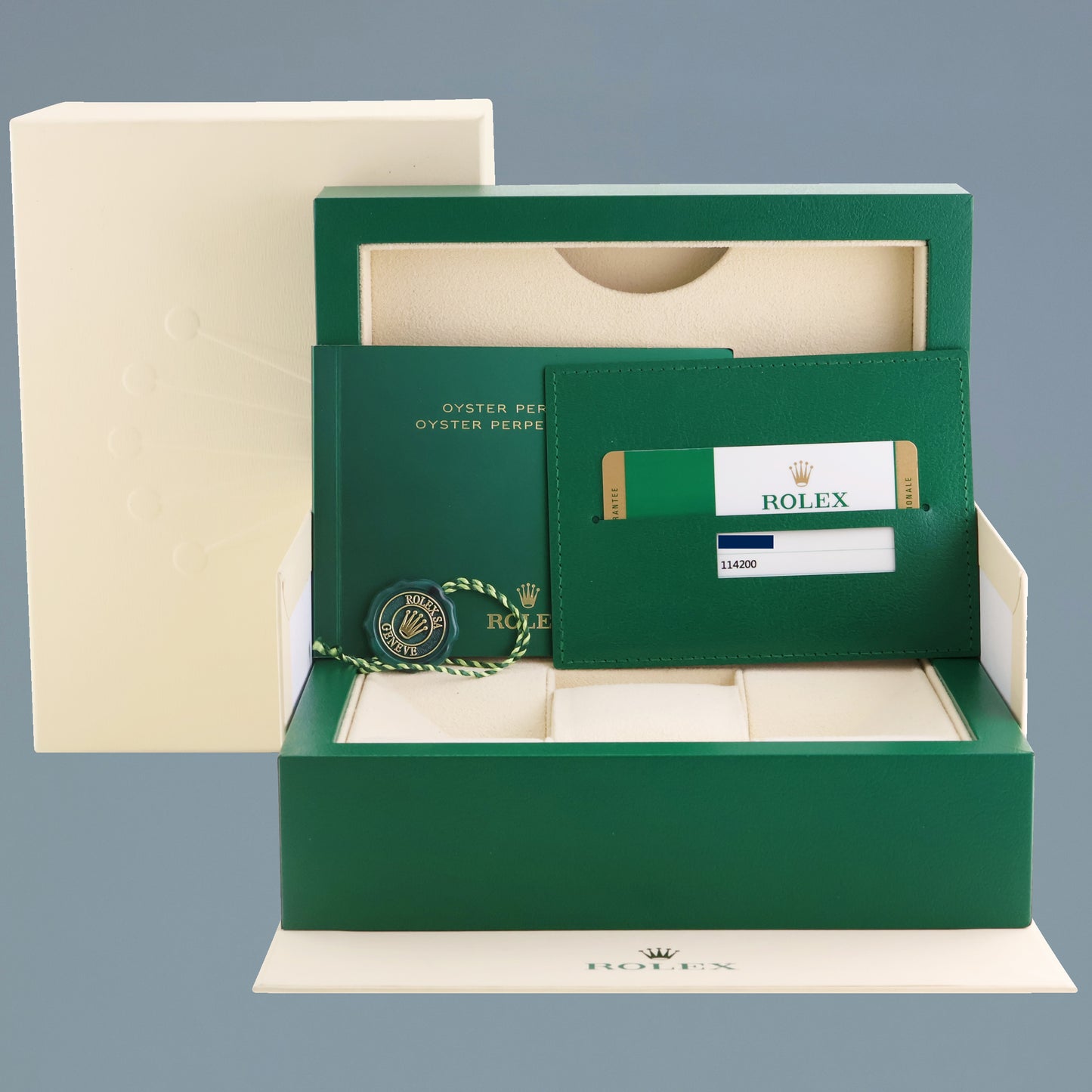 2019 PAPERS MINT Rolex Oyster Perpetual 34mm Green Oyster 114200 Watch Box