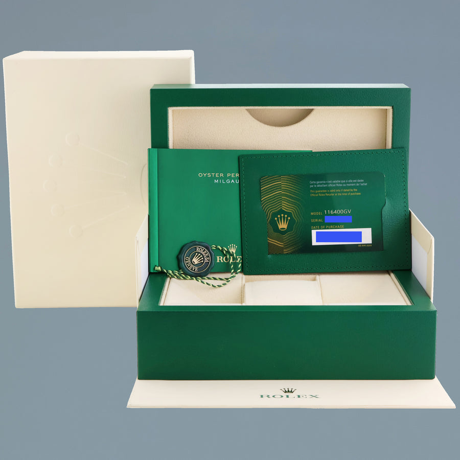 2022 NEW PAPERS Rolex 116400GV Milgauss Blue Anniversary Green Steel Watch Box