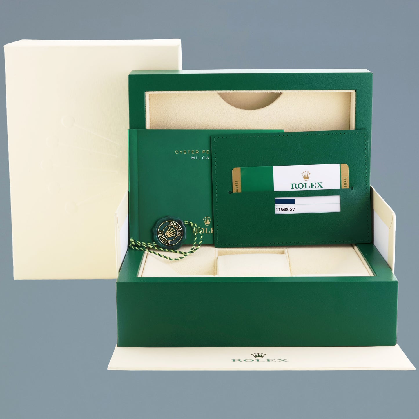 MINT PAPERS 2016 Rolex 116400GV Milgauss Green 40mm Anniversary Orange Black Steel Watch Box