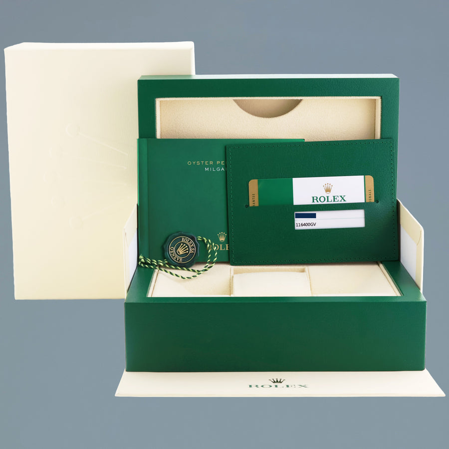 MINT PAPERS 2016 Rolex 116400GV Milgauss Green 40mm Anniversary Orange Black Steel Watch Box