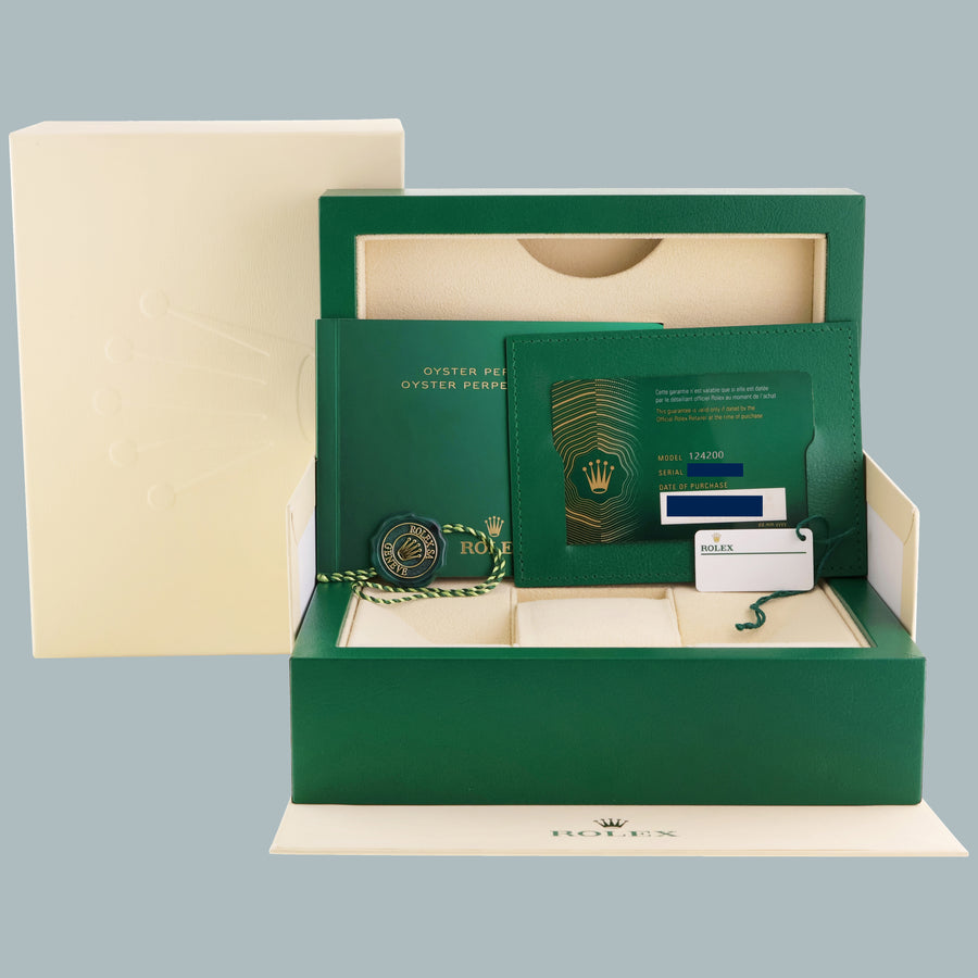 2021 MINT PAPERS Rolex Oyster Perpetual 34mm Silver Oyster Watch 124200 Watch Box