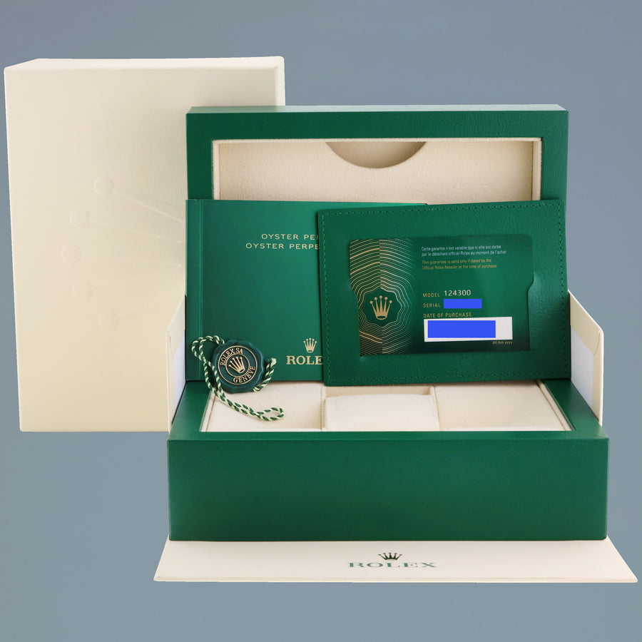 2023 PAPERS Rolex Oyster Perpetual 41mm Blue Custom Tiffany Oyster 124300 Watch Box