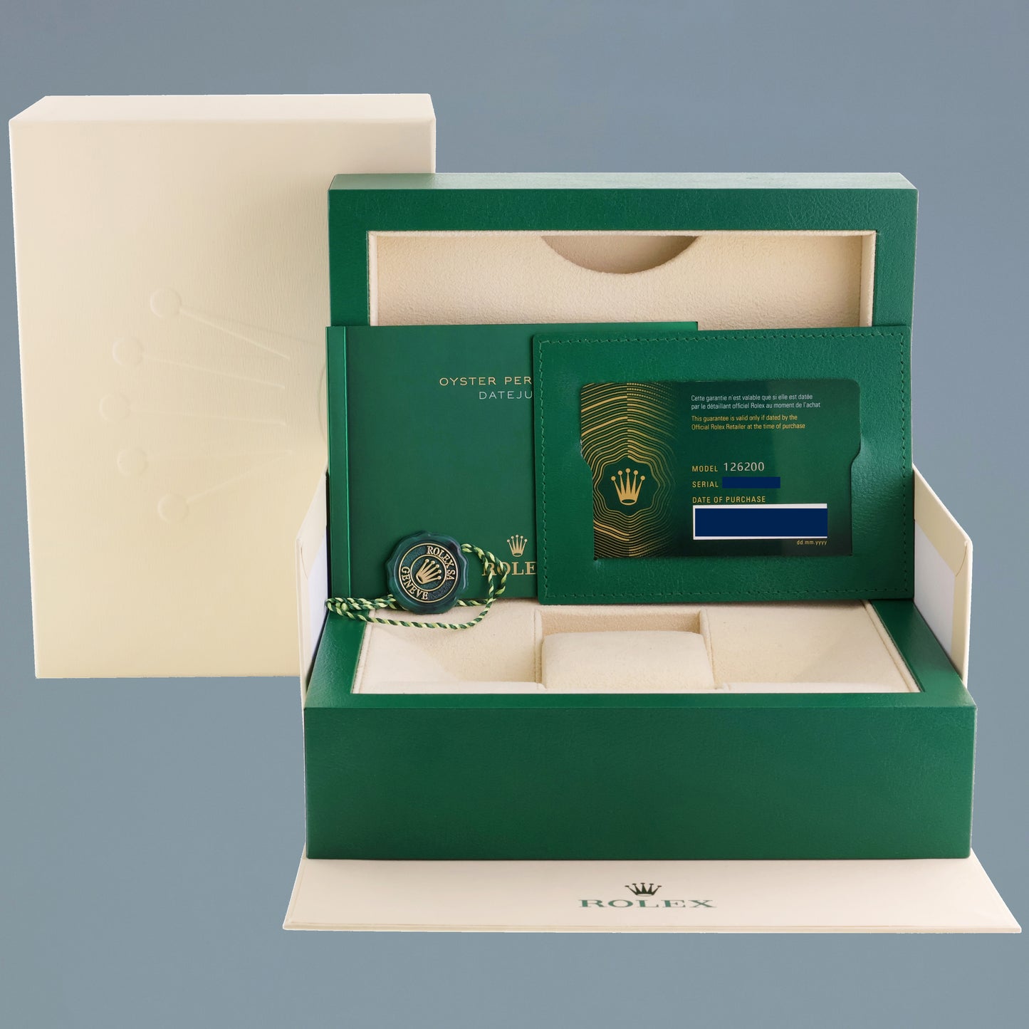 2024 NEW PAPERS Blue Motif Rolex DateJust 36mm 126200 Steel Oyster Band Watch Box