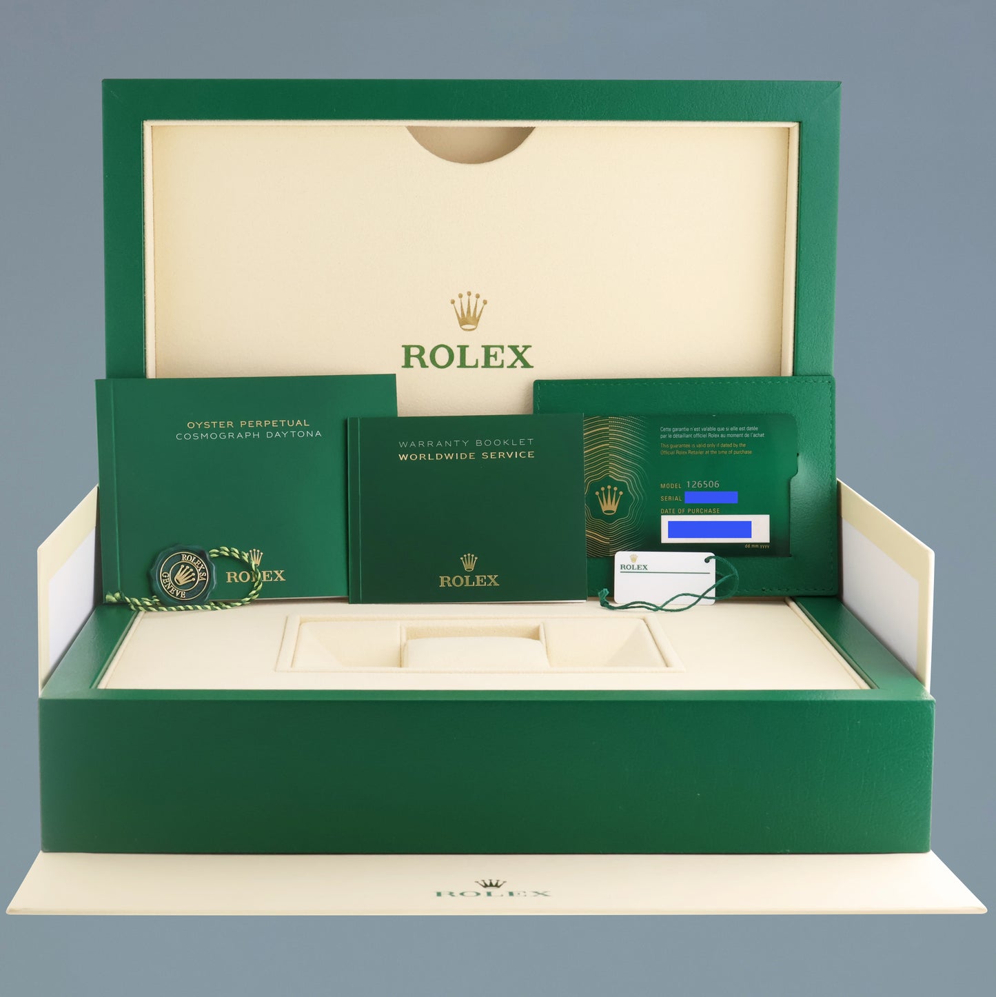 NEW 2024 PAPERS Rolex Daytona 126506 Platinum Glacier Blue Ceramic Bezel Watch Box