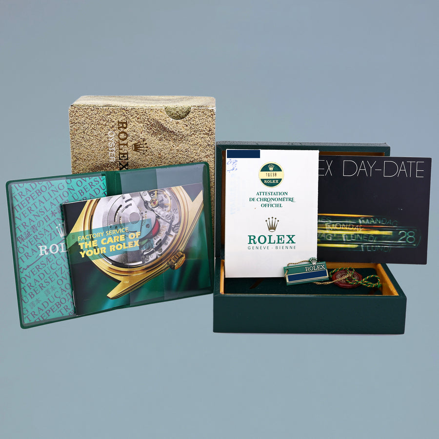 1982 PAPERS Rolex President Day-Date Diamond 18038 Quickset Yellow Gold Watch