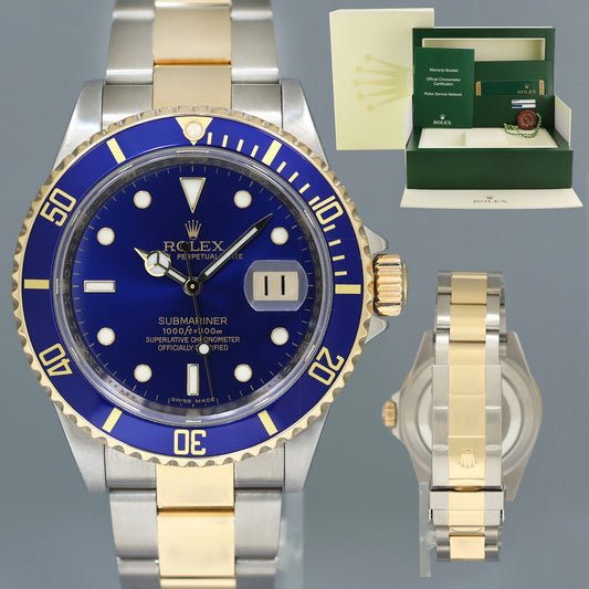 MINT PAPERS 2009 Rolex Submariner 16613LB Yellow Gold Two Tone Steel Blue Watch Box