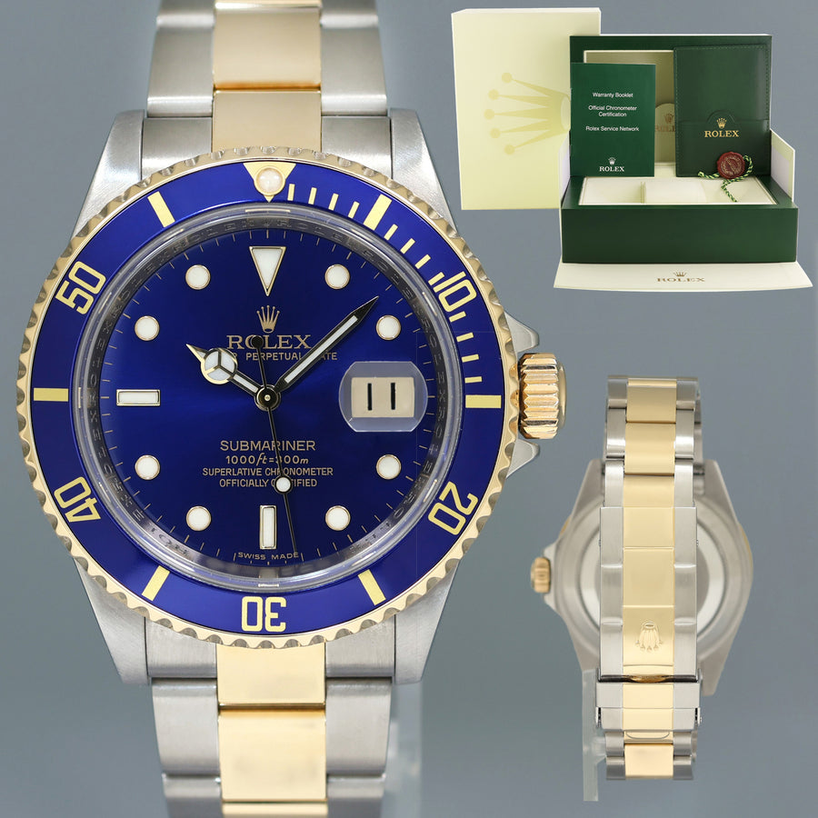 MINT 2008 GOLD BUCKLE Rolex Submariner 16613 Yellow Gold Steel Blue Watch Box