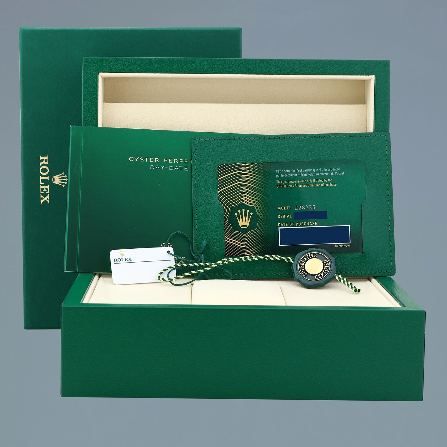 2026 NEW PAPERS Rolex President 40mm Rose Gold Green Ombre 228235 Watch Box