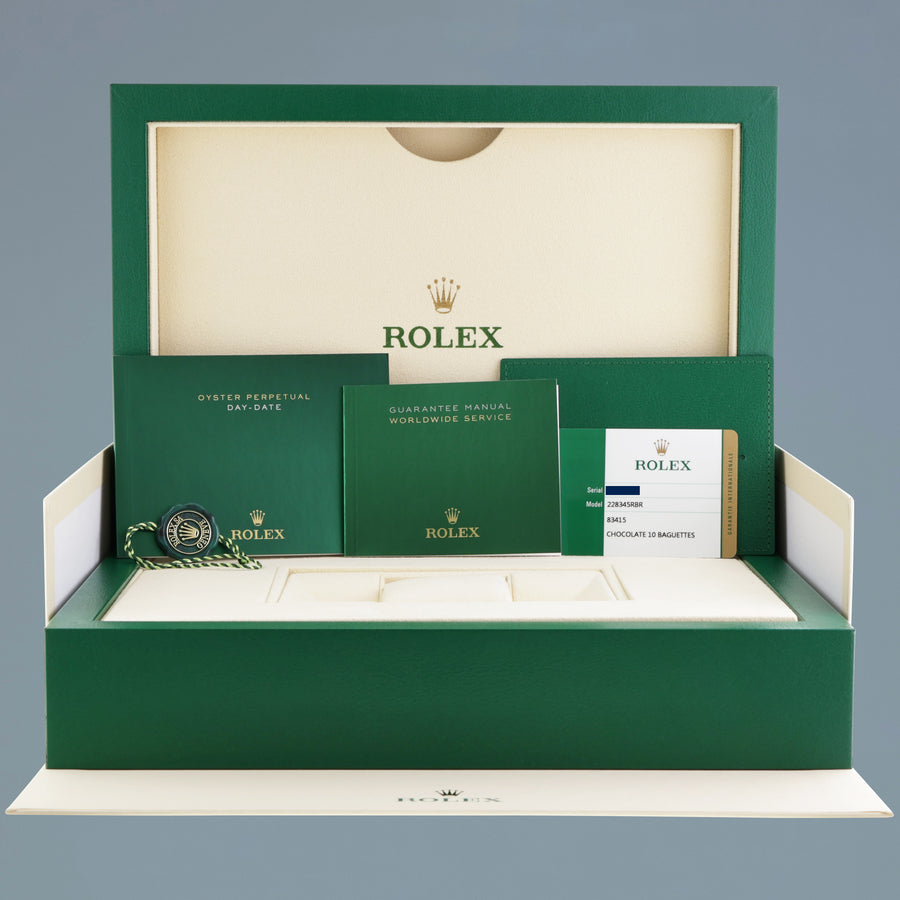 MINT PAPERS Rolex President 228345 RBR Rose Gold Chocolate Diamond Bezel Baguette Watch