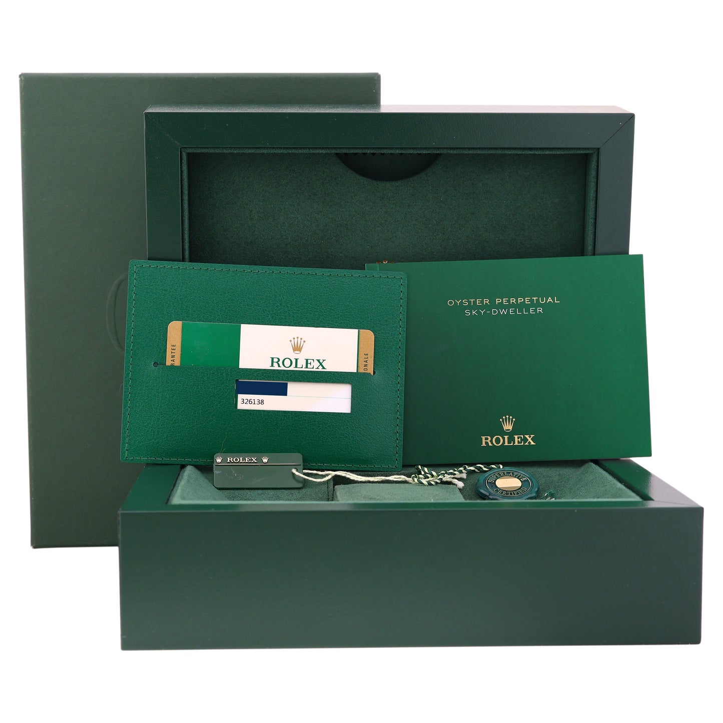 PAPERS MINT 2016 Rolex Sky-Dweller 18k Yellow Gold 326138 42mm Silver Roman Leather Watch\