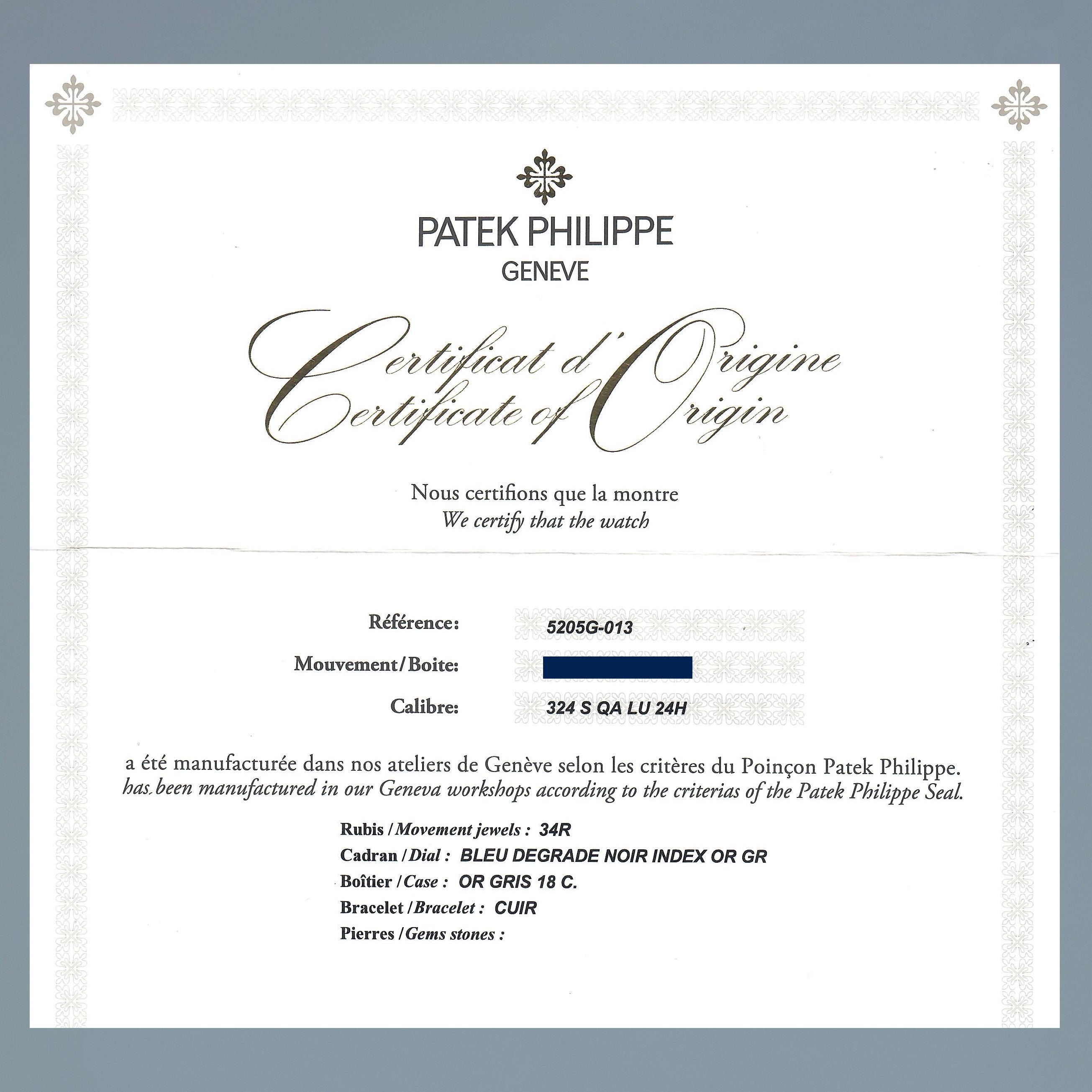 2025 Patek Service PAPERS Patek Philippe 5205G White Gold Annual Calendar Blue Watch