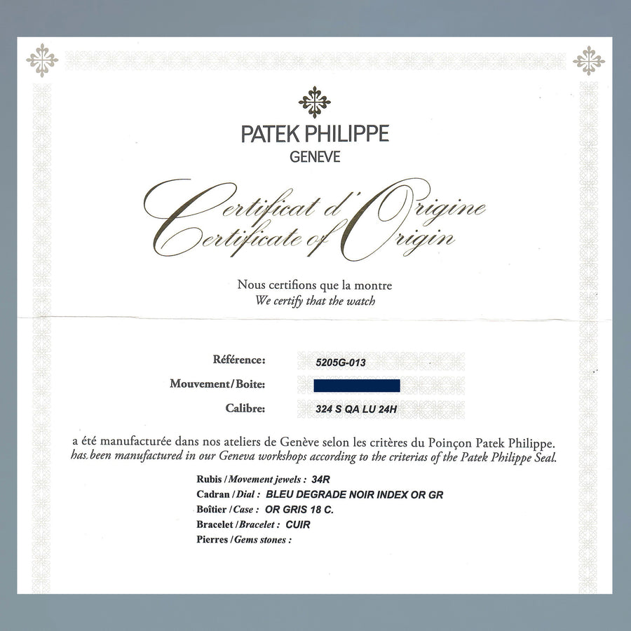2025 Patek Service PAPERS Patek Philippe 5205G White Gold Annual Calendar Blue Watch