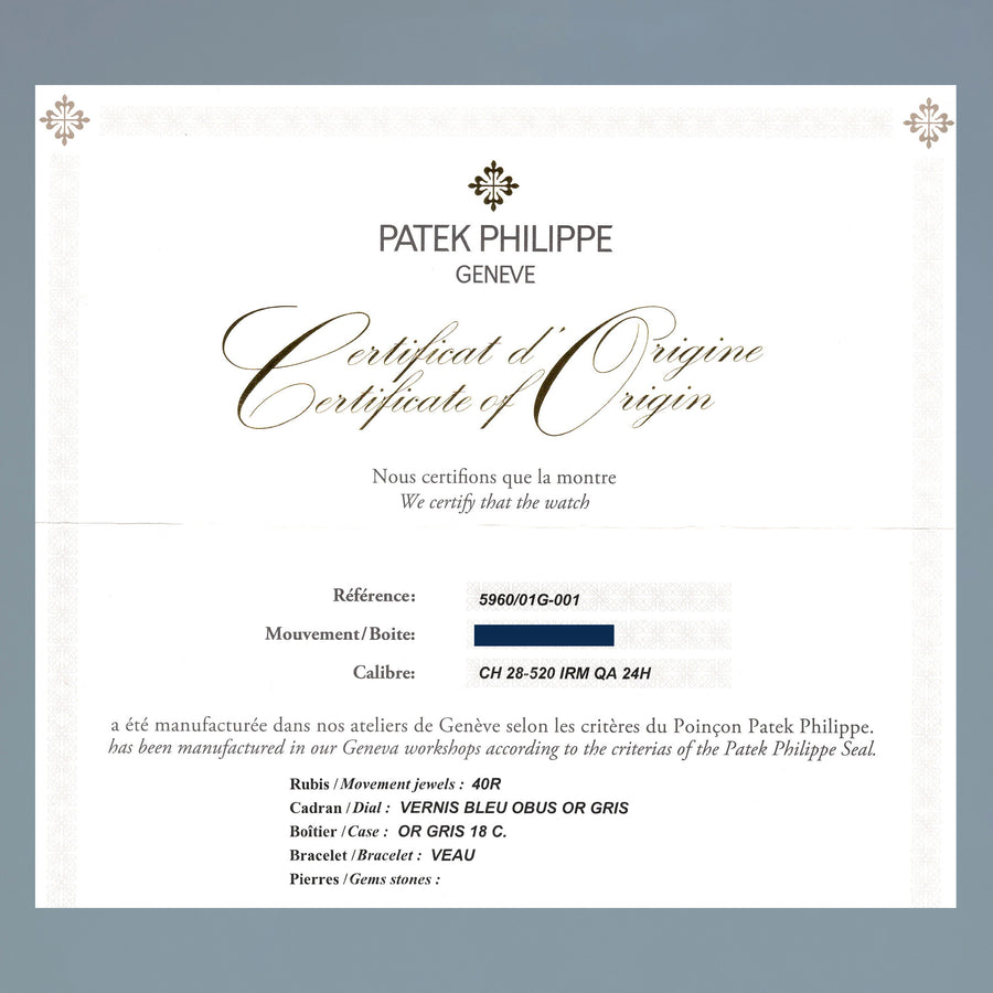 2018 PAPERS MINT Patek Philippe 5960G White Gold Chrono Blue Calendar 40.5mm Watch
