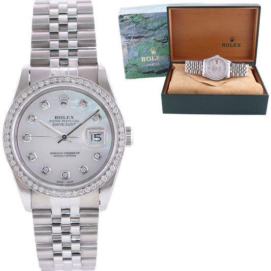 DIAMOND BEZEL Rolex DateJust 36mm MOP Mother of Pearl 16220 Steel Watch