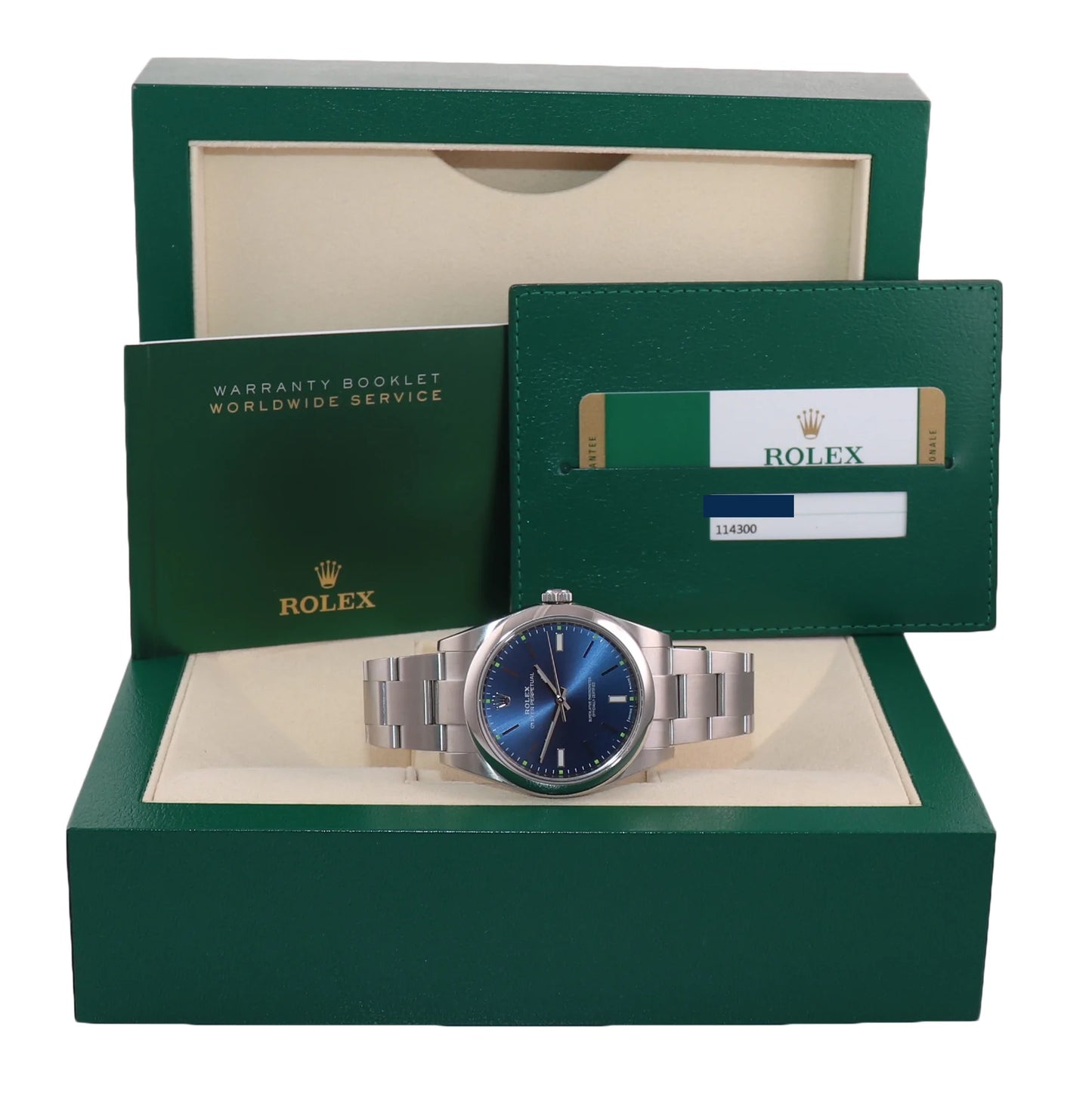 2018 Mint PAPERS Rolex Oyster Perpetual 41mm Blue Stick Oyster Watch 114300 Box
