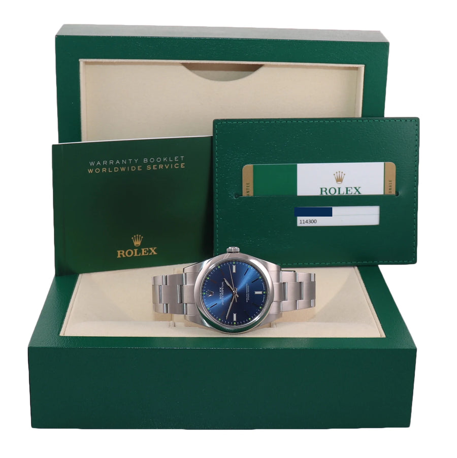2018 Mint PAPERS Rolex Oyster Perpetual 41mm Blue Stick Oyster Watch 114300 Box