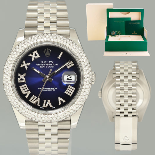 DIAMOND BEZEL Rolex DateJust 41 Steel 126300 Blue Roman Jubilee Dial Oyster Watch Box