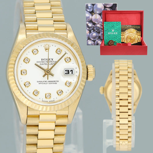 MINT 69178 White Diamond Ladies Rolex DateJust President 26mm Yellow Gold Watch