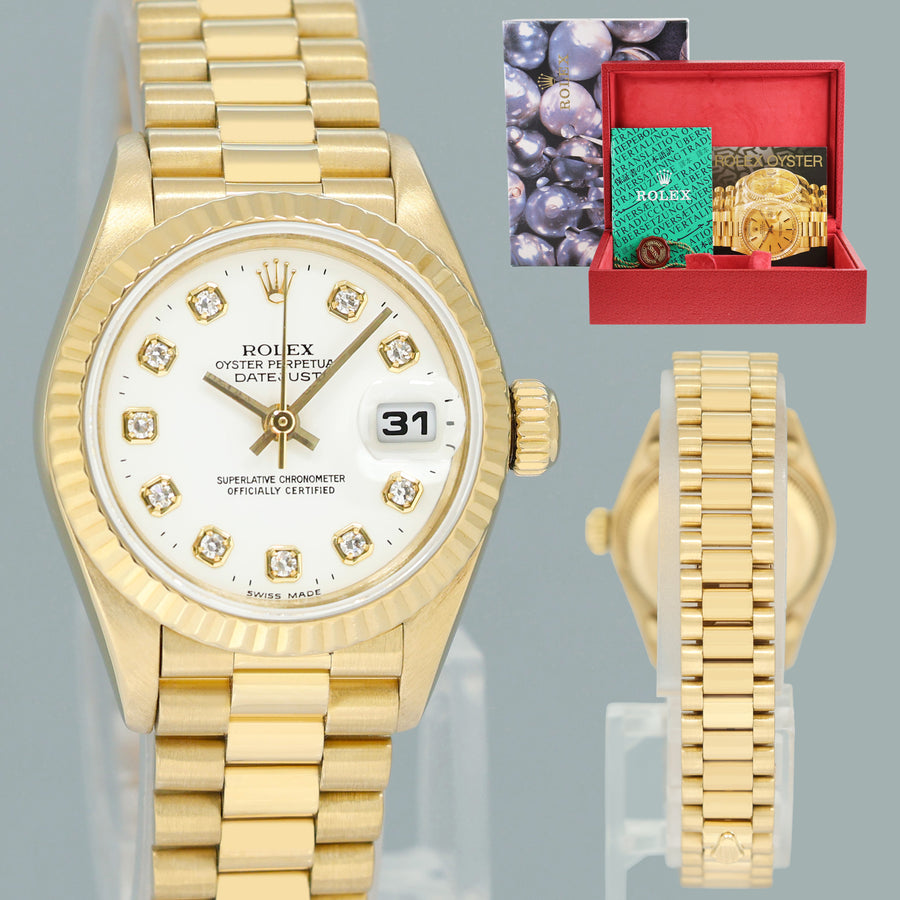 MINT 69178 White Diamond Ladies Rolex DateJust President 26mm Yellow Gold Watch