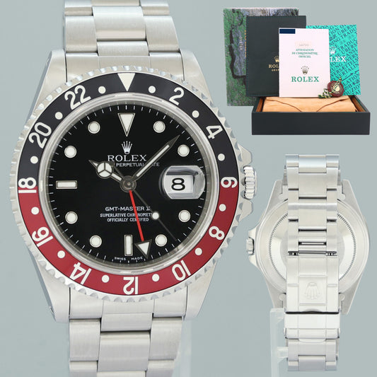 1997 PAPERS MINT Rolex 16710 GMT-Master II 3185 Coke Red Steel 40mm Watch Box