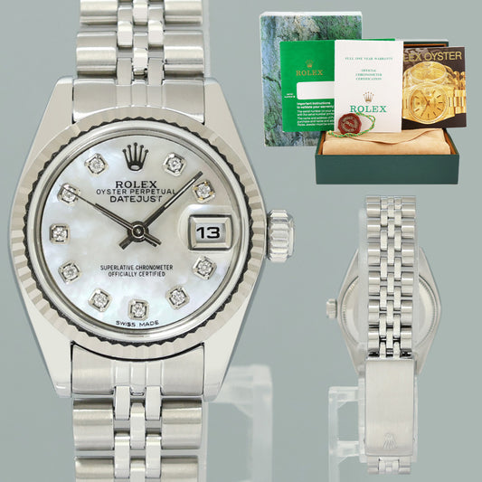 PAPERS Ladies Rolex 69174 DateJust 26mm Mother of Pearl Diamond Fluted Bezel Jubilee Watch