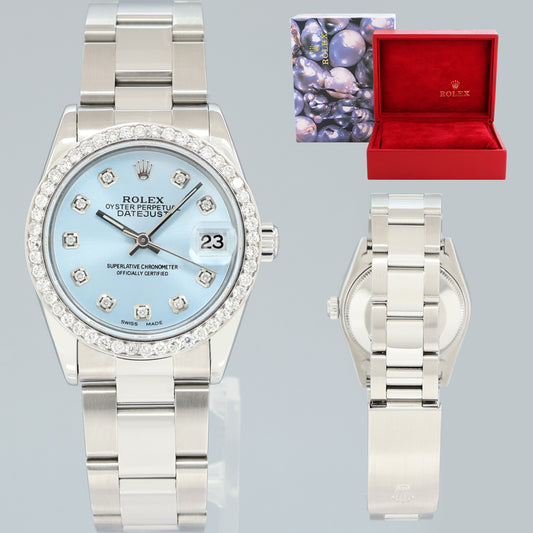2001 Glacier Blue Diamond Ladies Rolex Midsize 31mm Datejust Oyster Steel 78240 Watch Box