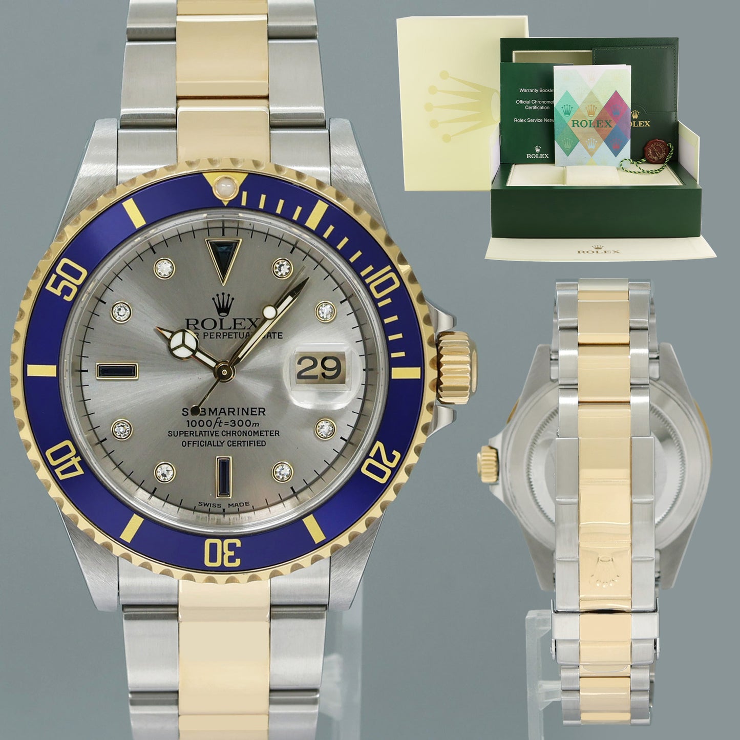MINT PAPERS Rolex Submariner 16613 Two Tone Gold Silver Serti Diamond Watch Box