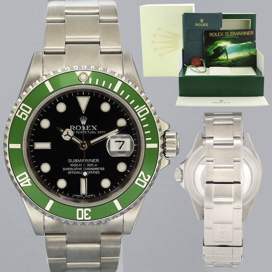 MINT 2009 Rolex Kermit Green Anniversary 40mm Submariner 16610LV Watch Box