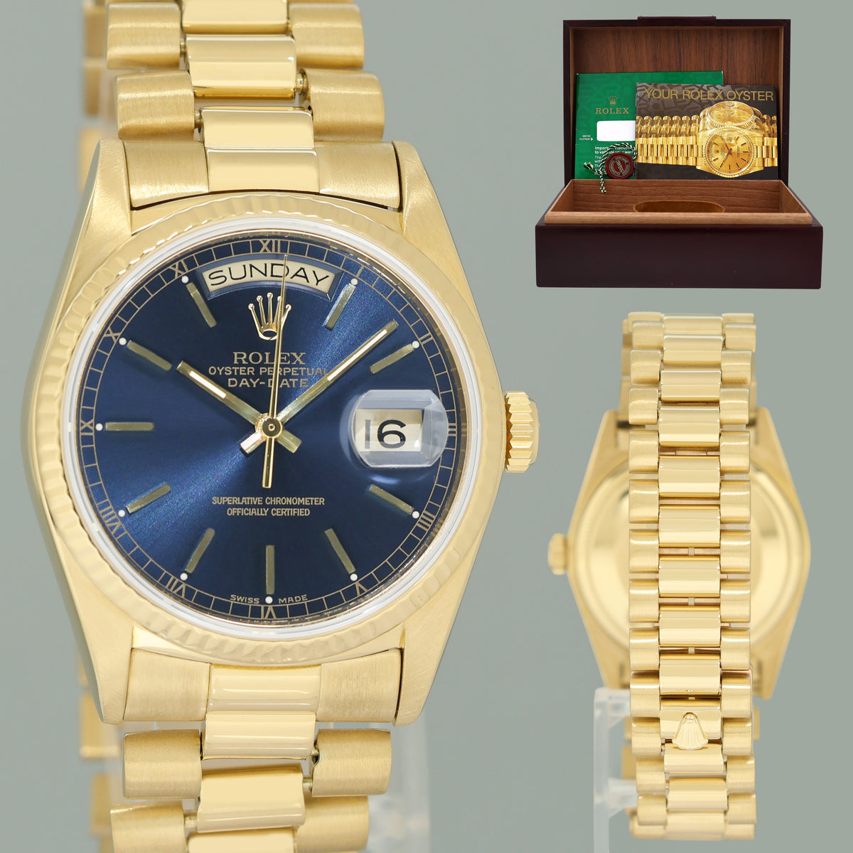Rolex President Day-Date Blue Stick 18038 Quickset Yellow Gold Watch Box