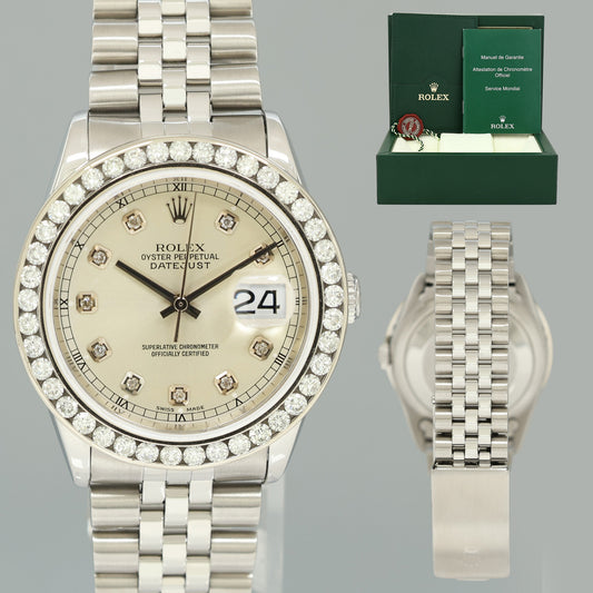 DIAMOND Bezel Rolex DateJust 36mm Silver Diamond 16200 Jubilee Steel Watch Box