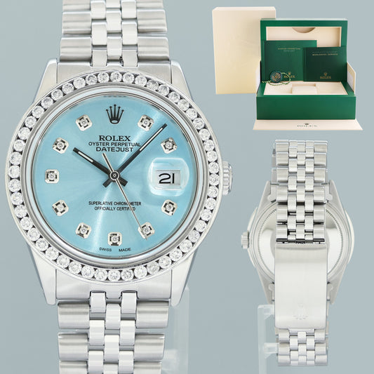 DIAMOND Bezel Rolex DateJust 36mm Glacier Blue Diamond 16030 Steel Watch Box