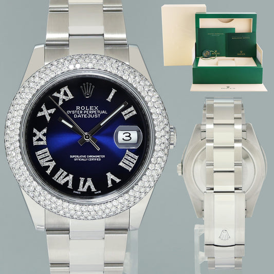 DIAMOND BEZEL Rolex DateJust 41 Steel 126300 Blue Roman Dial Oyster Watch Box
