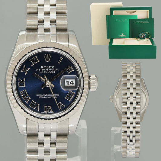 2014 MINT Ladies Rolex DateJust 179174 Blue Roman Jubilee 26mm Watch Box