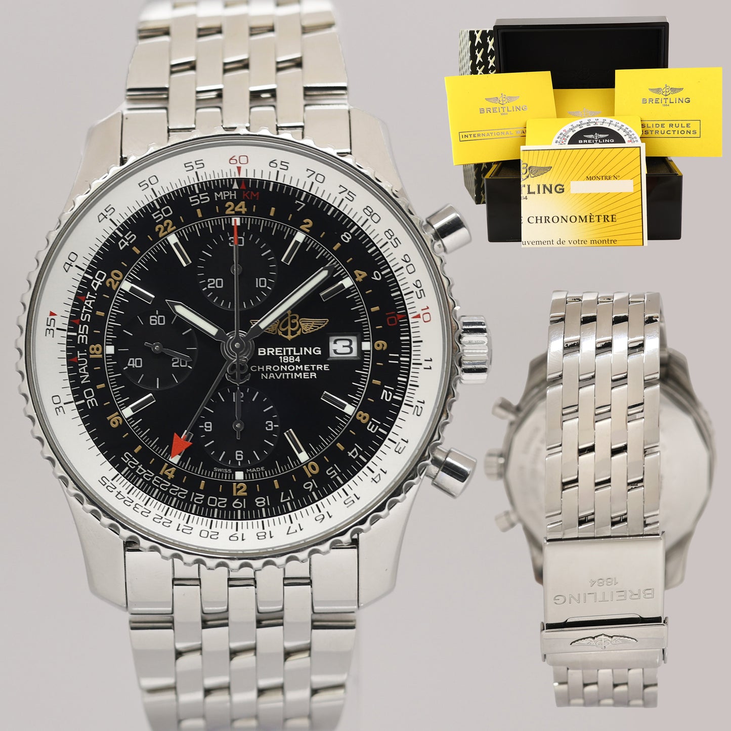 PAPERS Breitling Navitimer World A24322 46mm Black Steel Chrono GMT Watch Box