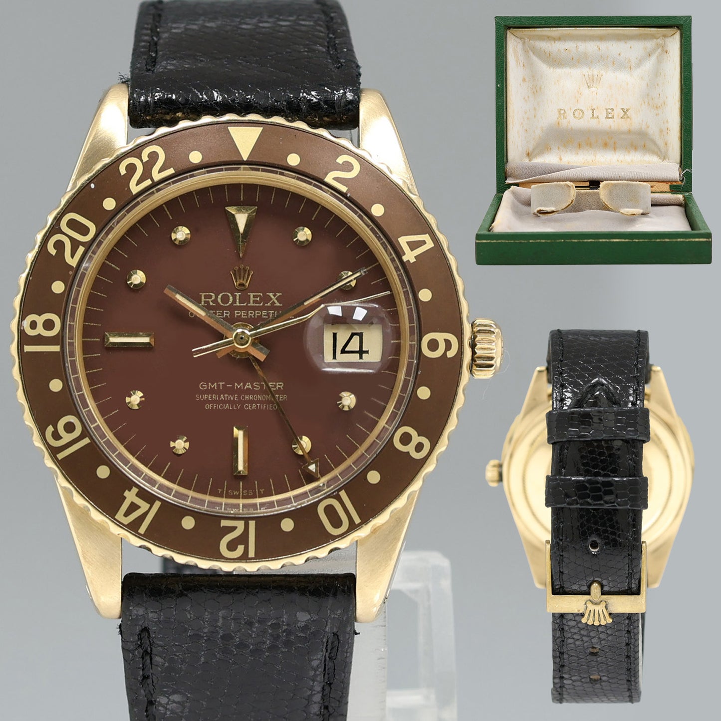 Rolex Root Beer 1675 NO CROWN GUARD Yellow Gold GMT Brown Root Beer Nipple Watch