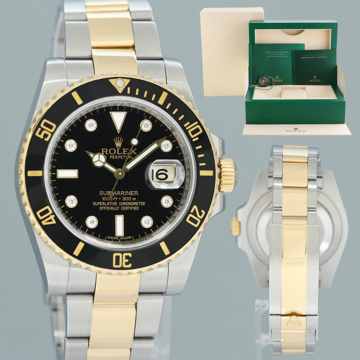 MINT Rolex Submariner 116613LN Two Tone Steel Yellow Gold Black Diamond Serti Watch