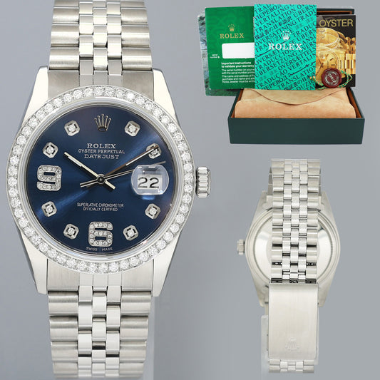 DIAMOND Bezel Rolex DateJust 36mm Blue 16030 Steel Watch Box