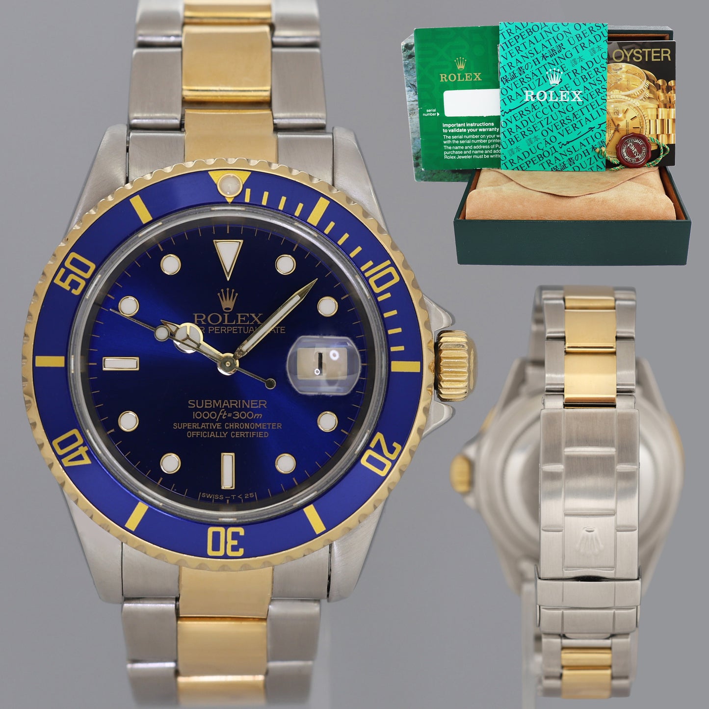 Rolex Submariner 16613LB Gold Steel Two Tone Yellow Gold Sunburst Blue Dial Watch Box