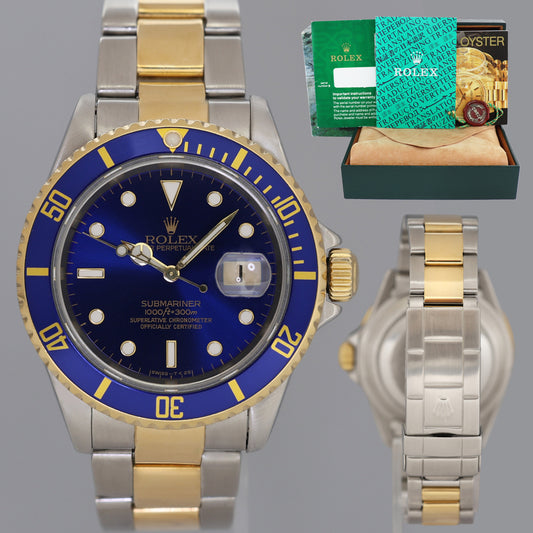 Rolex Submariner 16613LB Gold Steel Two Tone Yellow Gold Sunburst Blue Dial Watch Box