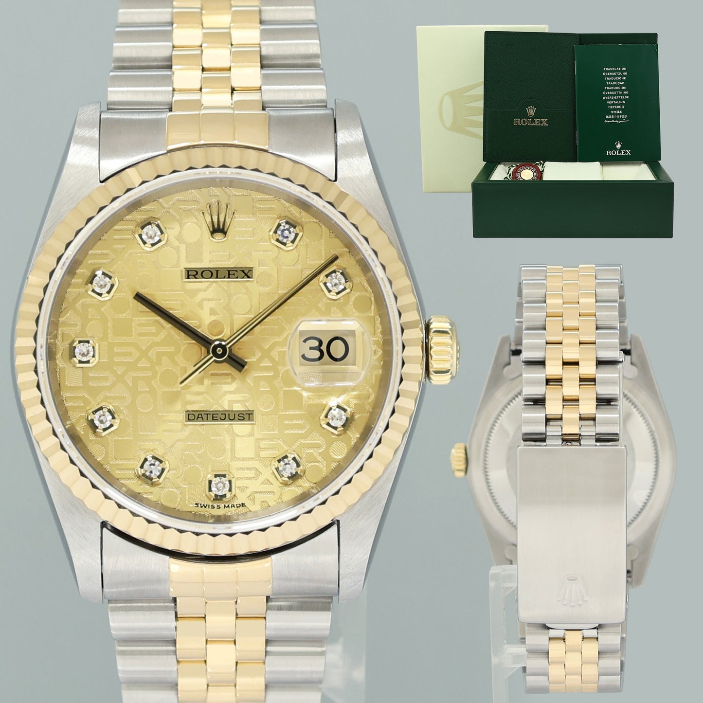 MINT Rolex DateJust 16233 Two Tone Yellow Gold Jubilee Diamond Anniversary Dial Watch