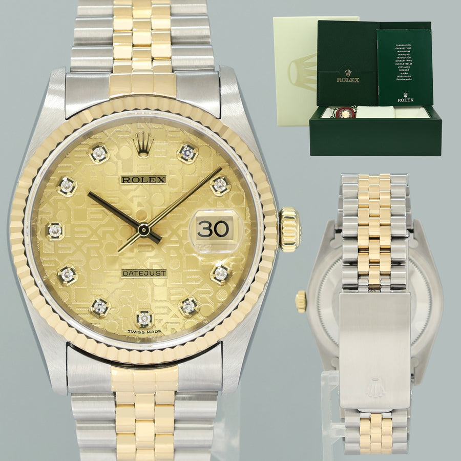 MINT Rolex DateJust 16233 Two Tone Yellow Gold Jubilee Diamond Anniversary Dial Watch