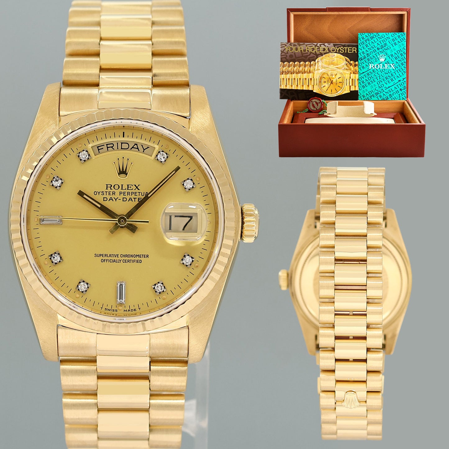 Mint Rolex President Day Date 18038 Quick Set Champagne Diamond Yellow Gold Watch