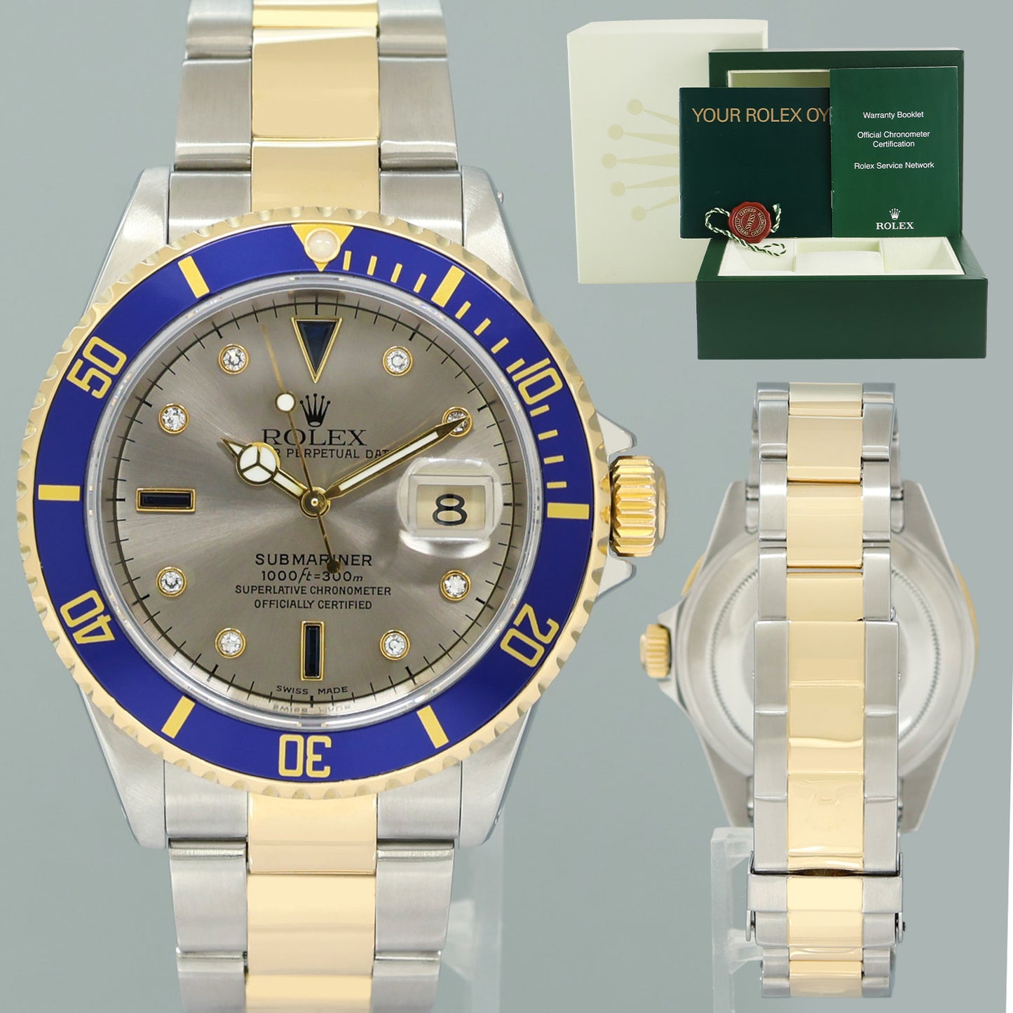 MINT Rolex Submariner 16613 Two Tone Gold Silver Serti Diamond Gold Buckle Watch Box