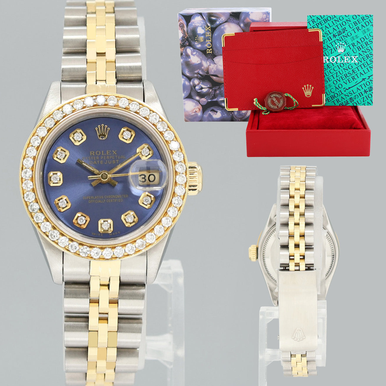 Diamond Ladies Rolex DateJust 26mm 69173 Two Tone Gold Blue Jubilee Watch