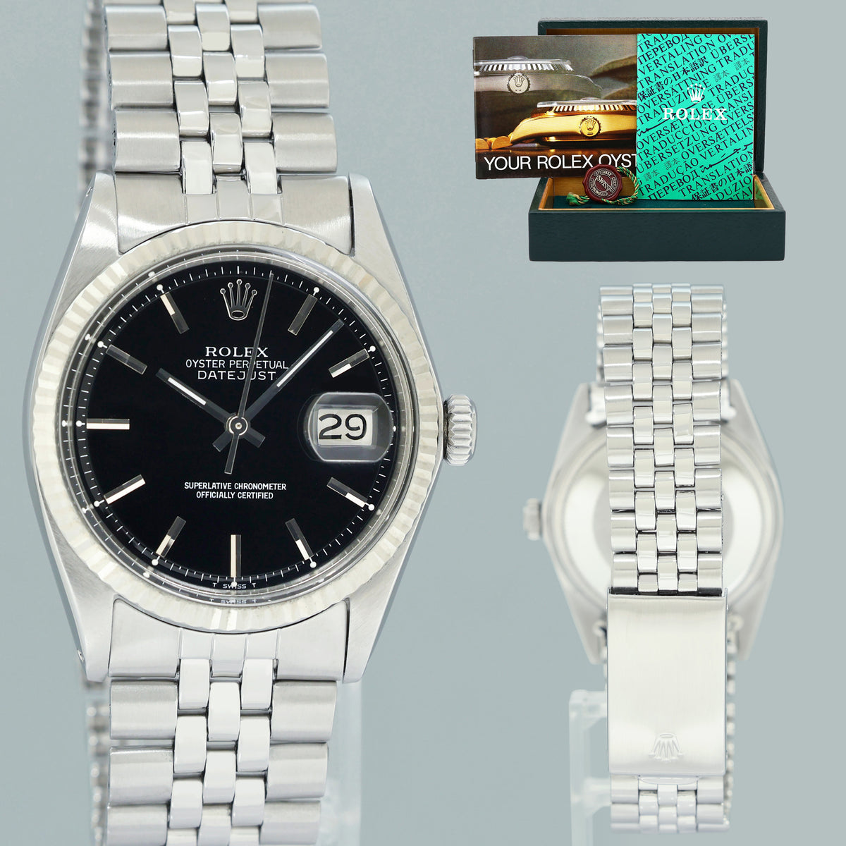 Rolex DateJust 36mm Black Stick 1601 Jubilee Steel Watch Box