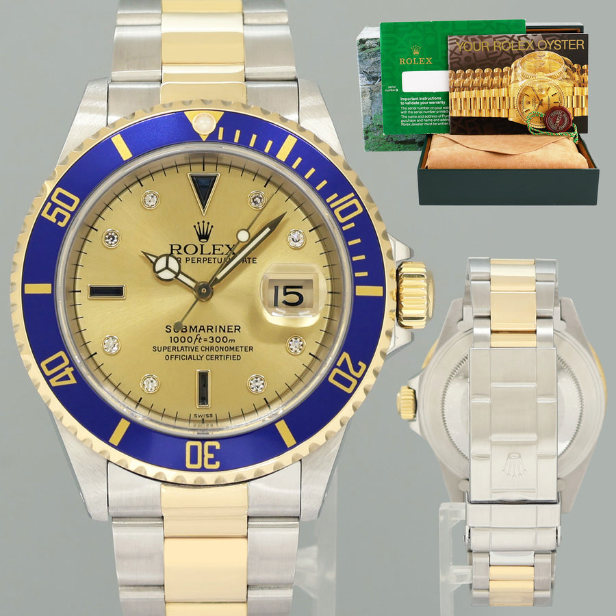 MINT Rolex Submariner 16613LB Two Tone Gold Champage Serti Diamond Watch Box